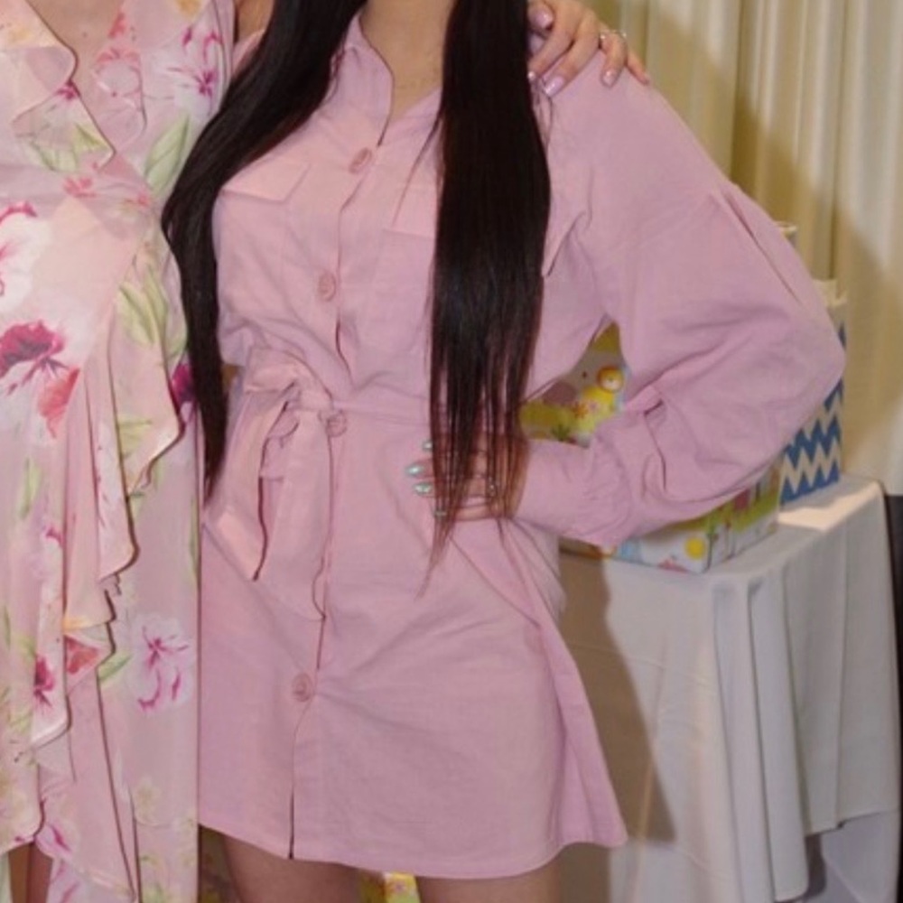 Pink button up dress with belt
